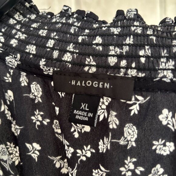 EUC Halogen Floral Smocked Halter Dress XL Black White Maxi Long Sleeveless - Picture 3 of 7